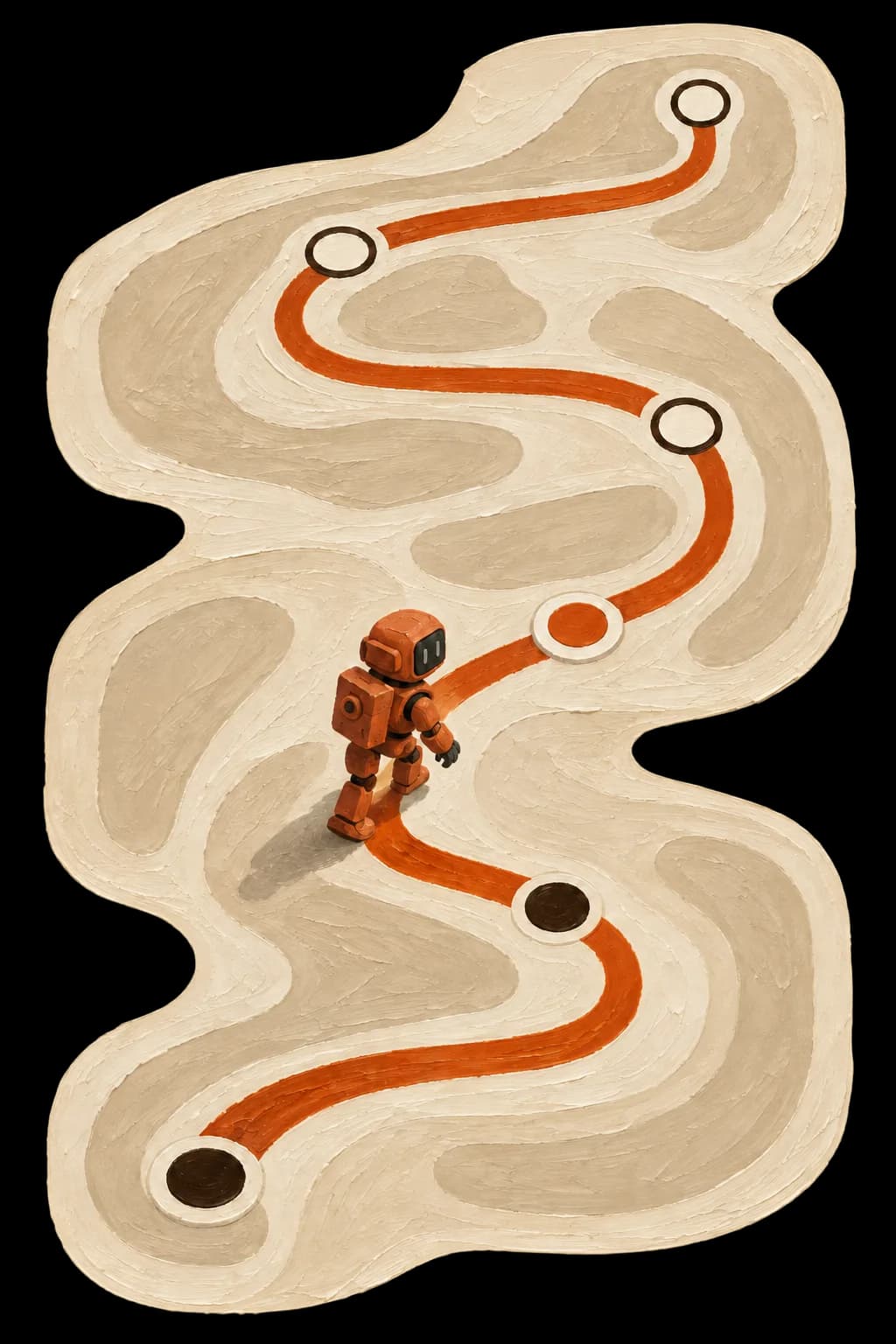 An orange AI agent walking along a winding painted map with six checkpoints, illustrating Pocketto's guided engineering workflow.