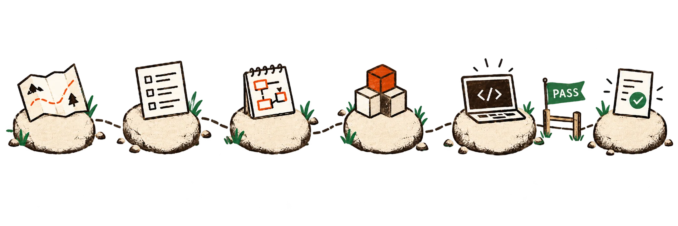 The Pocket pipeline in order: pocket-pitching (explore), pocket-grinding (specify/BDD), pocket-planning (plan/TDD), pocket-structuring (phase), pocket-development (execute + review). A PASS gate sits between pocket-development and pocket-closing (close).